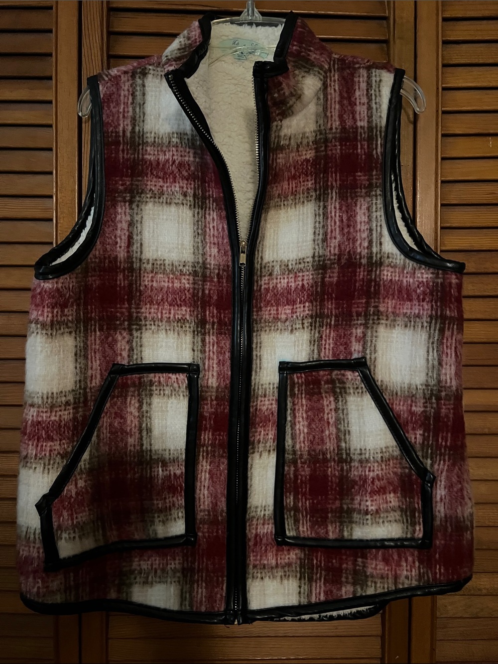 She + Sky Red & White Plaid Sherpa-Lined Vest with Black Trim